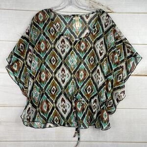 Voice Top Womens XL Colorful Y2K Whimsigoth Sheer Aztec Southwestern Tie Waist